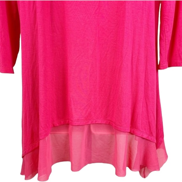 Cable & Gauge Embellished Neckline 3/4 Sleeve Azalea Pink Layered Mesh Hem Tunic - Picture 5 of 9